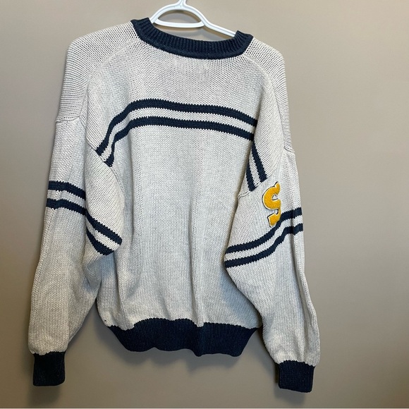Vintage V-Neck Sweater with Navy Stripes & Compass Arm Patches - Picture 3 of 9